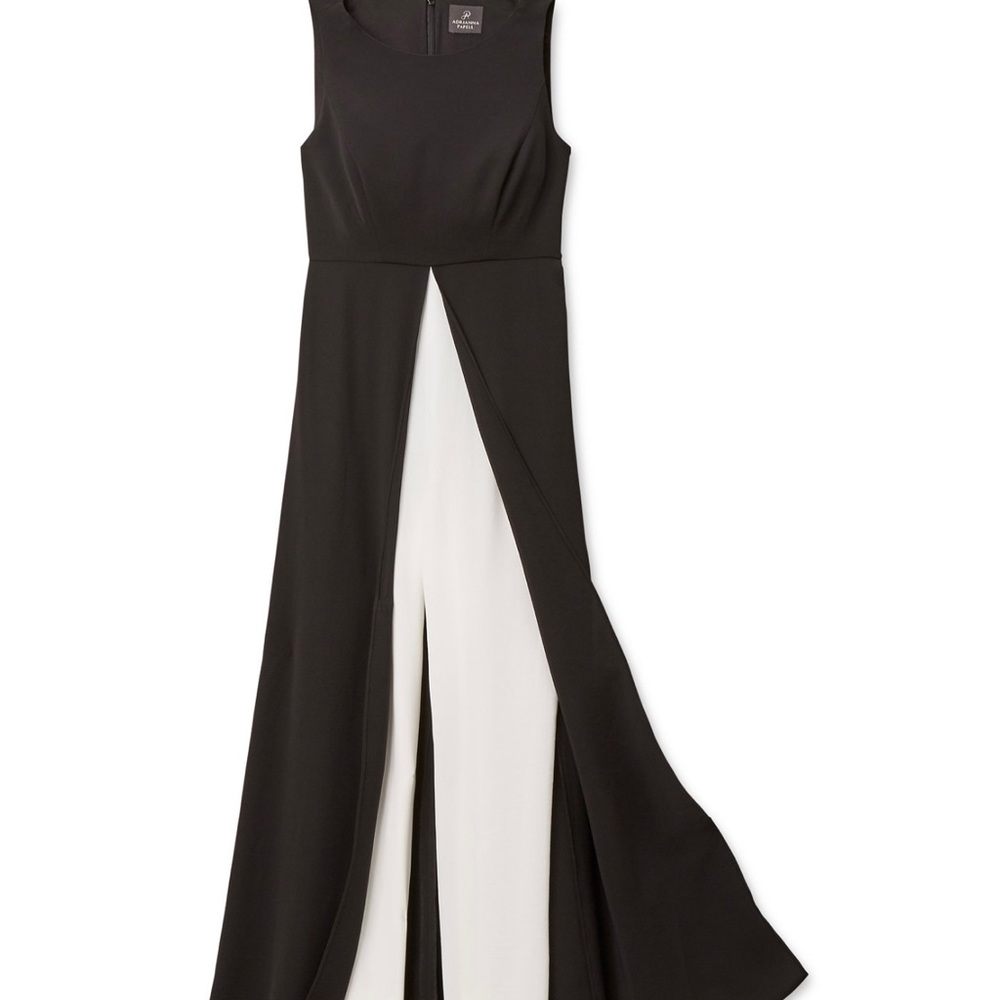 Crewneck; hidden back zipper with hook-and-eye closure
Skirt overlay with pants